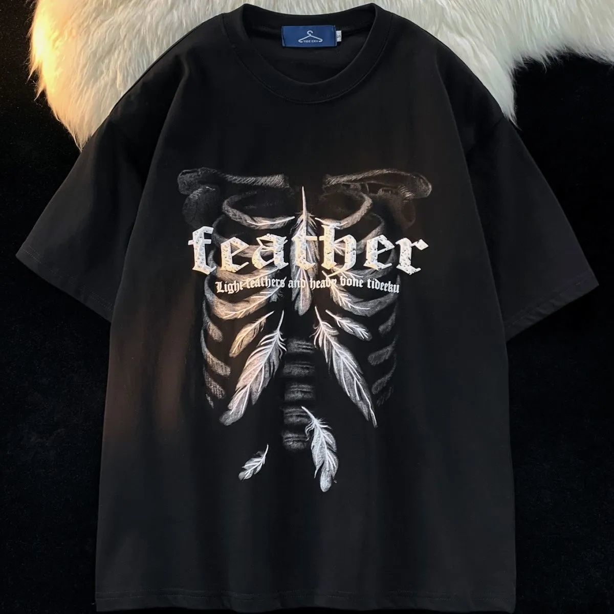 100% cotton short-sleeved t-shirt men and women summer Hong Kong style letter feather printing ins tide brand loose couple half-sleeved