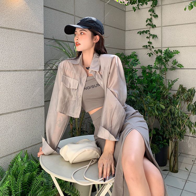 Hong Kong style suit women's summer  new self-cultivation thin tube top mid-length skirt shirt pure desire three-piece set