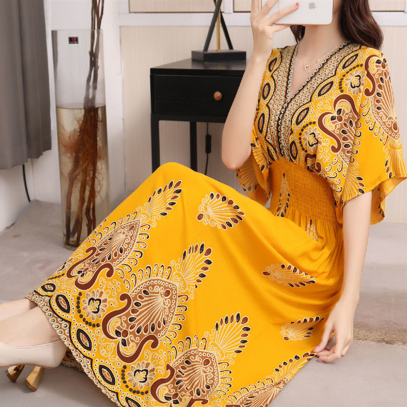 Cotton silk dress spring and summer new national style women's floral floral mid-length five-quarter sleeves V-neck loose fairy skirt