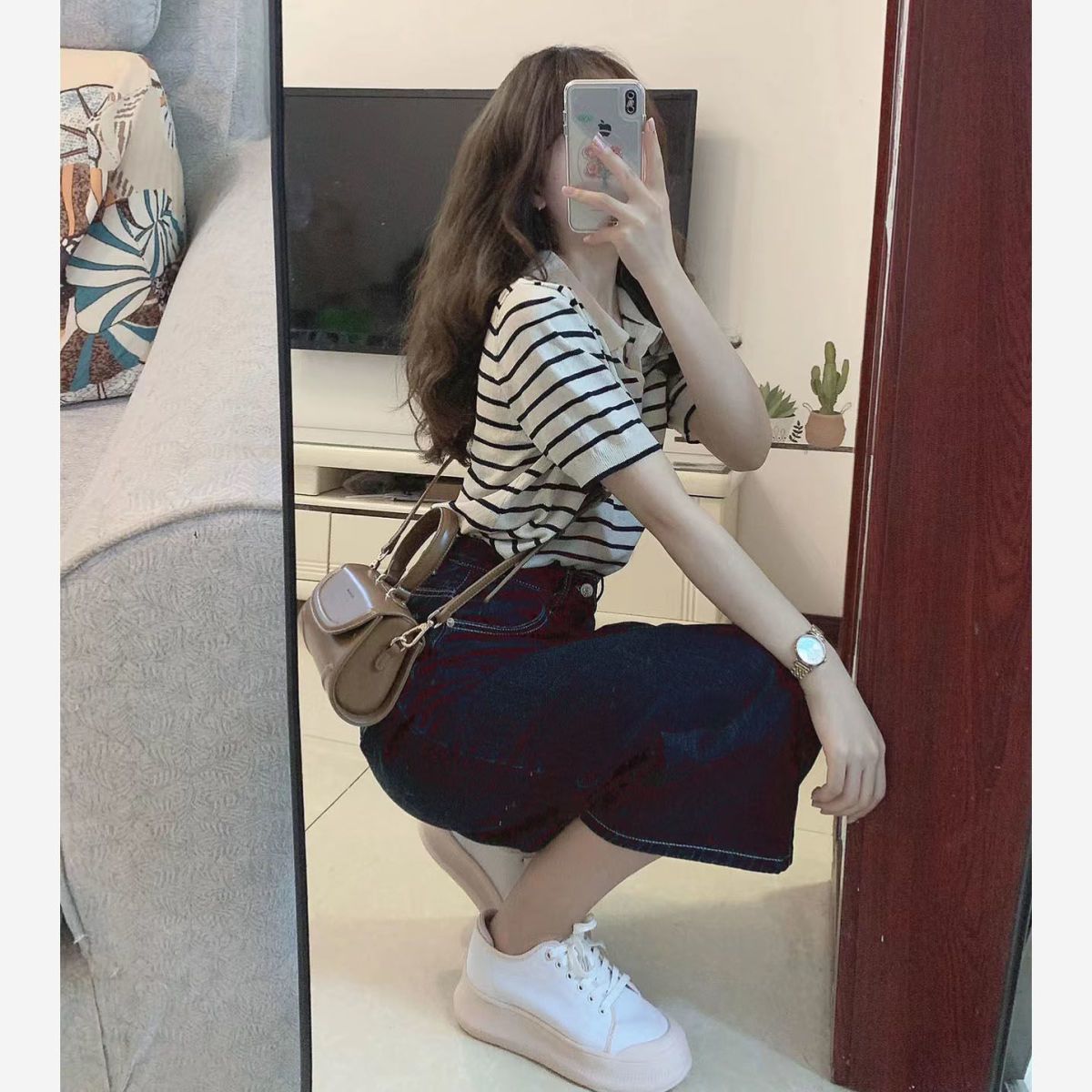 條紋上衣復古牛仔半身裙套裝女夏季新款高腰遮胯a字裙大擺傘裙女