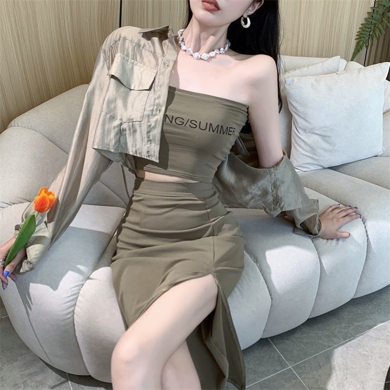 Suit  New Women's Summer Long-sleeved Sunscreen Shirt Slim Tube Top Top High Waist Bag Hip Skirt Three-piece Set