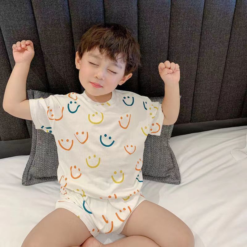 Baby suit loose summer short-sleeved shorts children's ice silk fabric pajamas boys and girls cool home clothes air-conditioning clothes