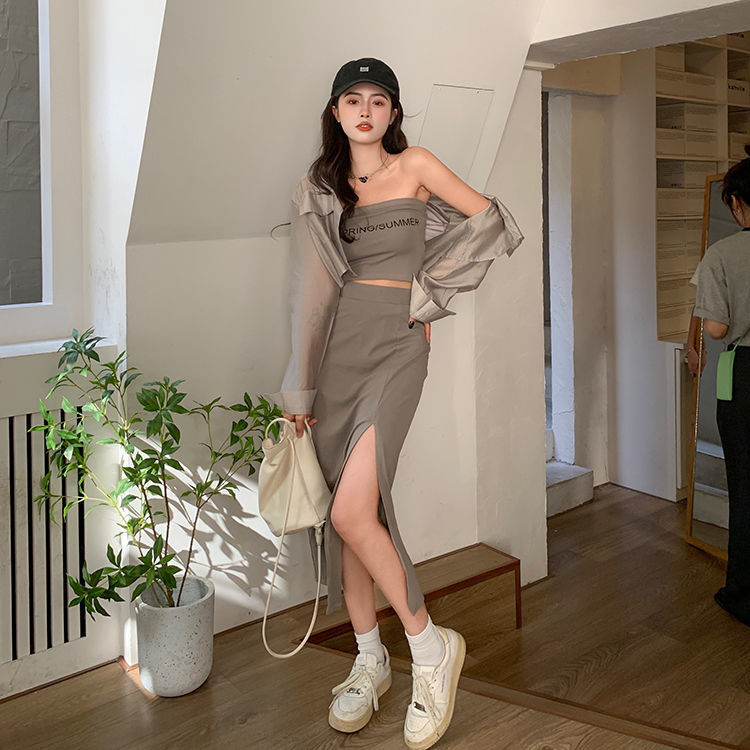 Hong Kong style suit women's summer  new self-cultivation thin tube top mid-length skirt shirt pure desire three-piece set