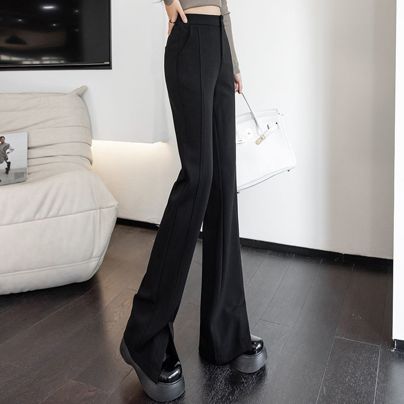 Large size lengthened slightly flared slit suit pants women's summer thin section ice silk flared pants 175 stretch tight casual pants