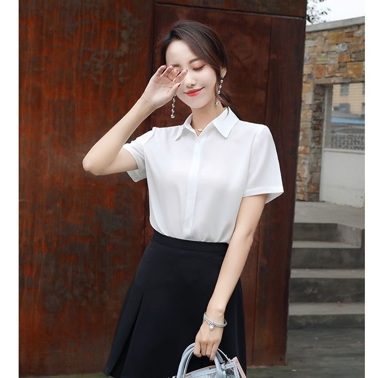 Chiffon shirt female professional summer white work clothes short-sleeved slim Korean top new interview shirt opaque