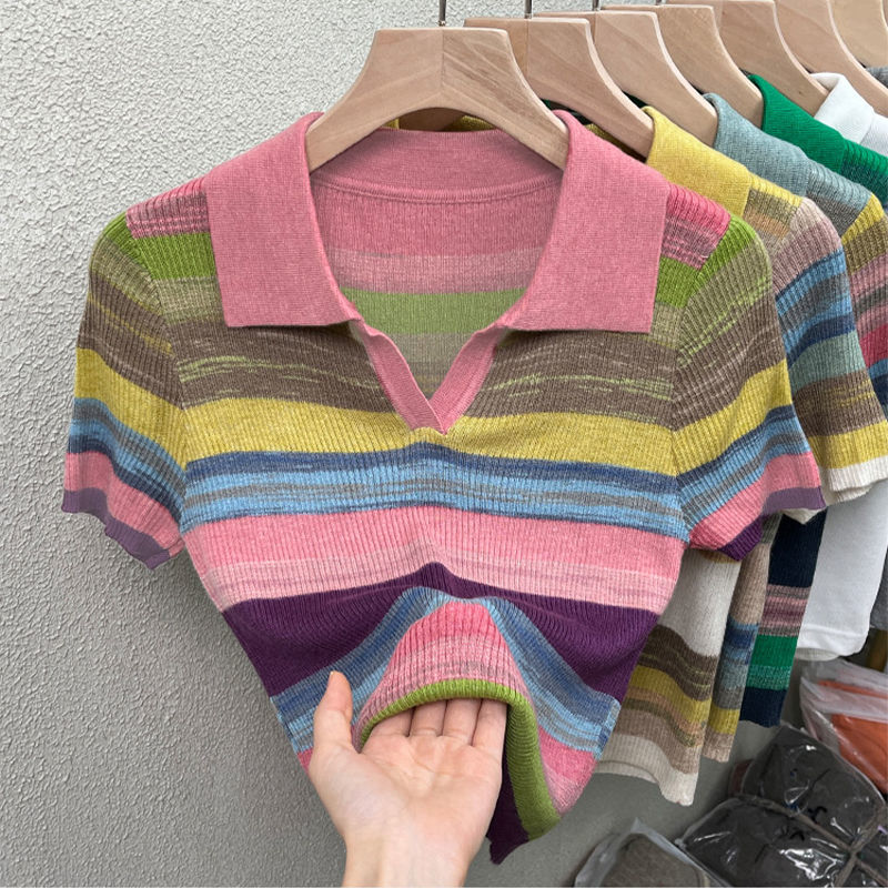 Striped polo collar ice silk knitted sweater short-sleeved top women's pure desire style chic sweet hot girl short design sense niche