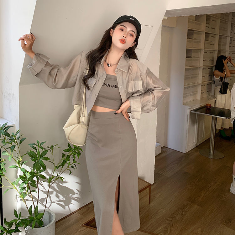 Hong Kong style suit women's summer  new self-cultivation thin tube top mid-length skirt shirt pure desire three-piece set