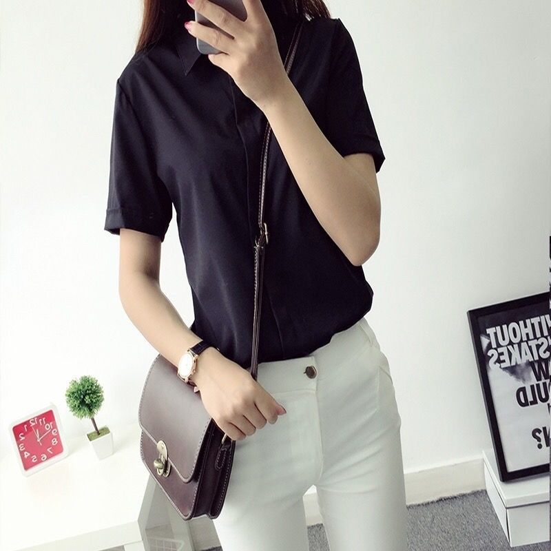 White shirt women's summer short-sleeved business wear Korean version of self-cultivation casual all-match large size tooling chiffon shirt ol top