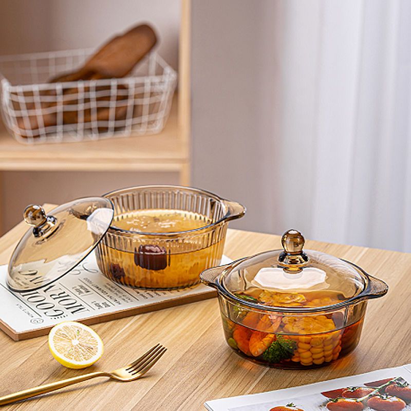 欧式水晶玻璃煲琥珀色平纹煲带盖泡面碗沙拉碗带盖双耳煲居家好货