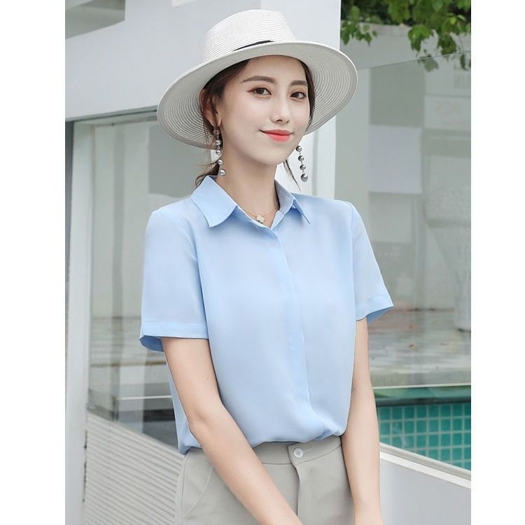 Chiffon shirt female professional summer white work clothes short-sleeved slim Korean top new interview shirt opaque