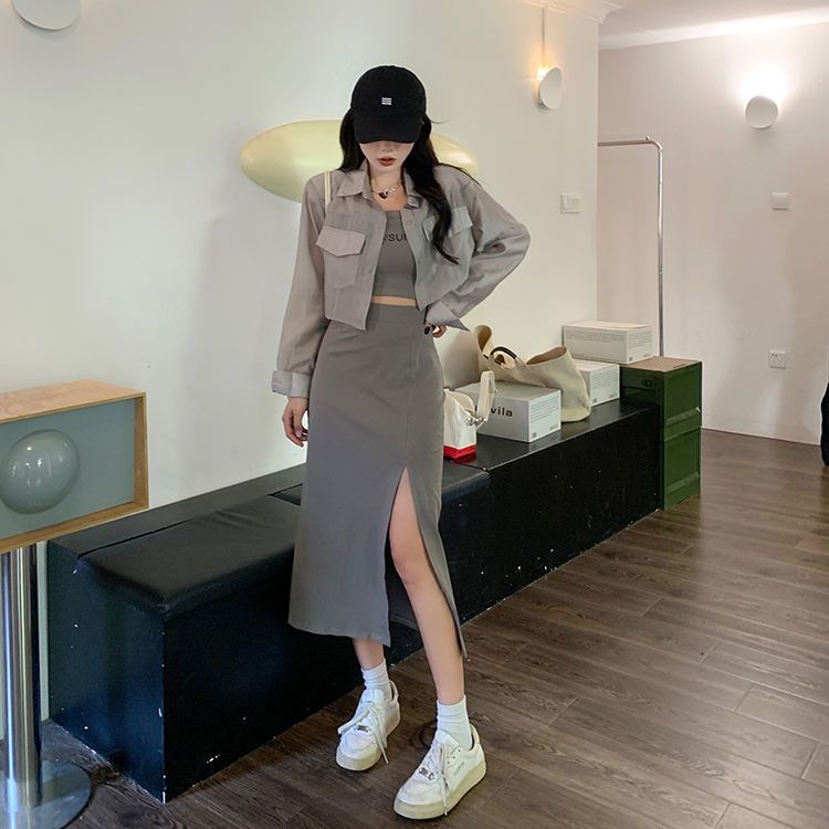 Hong Kong style suit women's summer  new self-cultivation thin tube top mid-length skirt shirt pure desire three-piece set