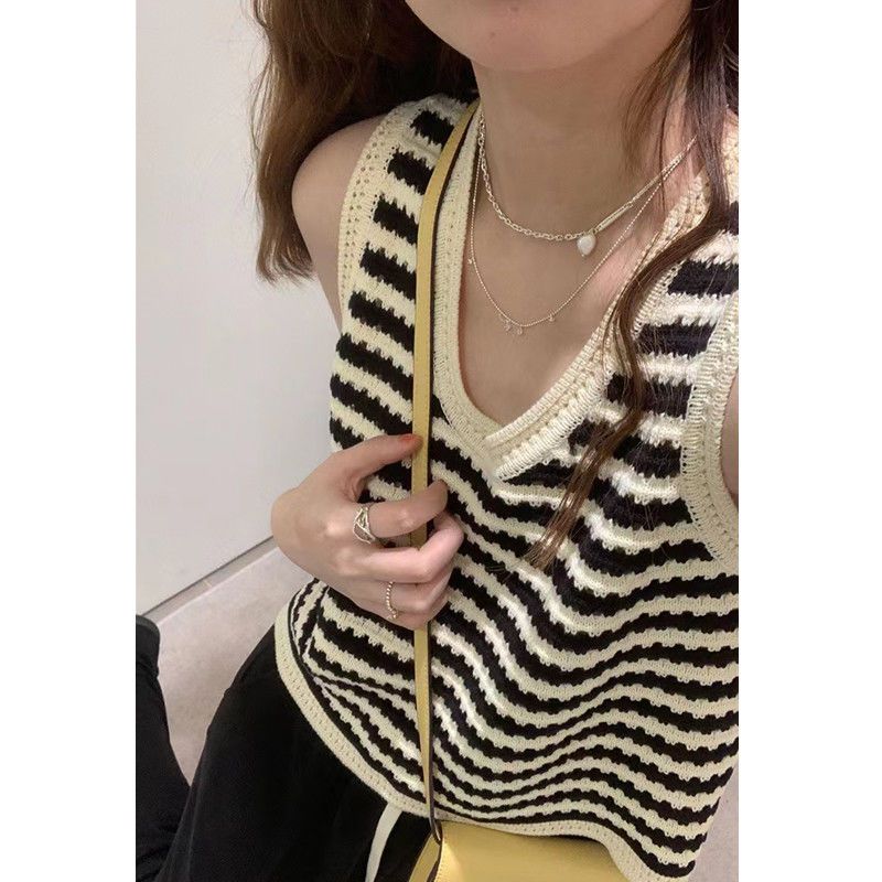 American striped knitted camisole women's summer and summer outerwear design sense niche ice silk vest shoulder sleeveless top