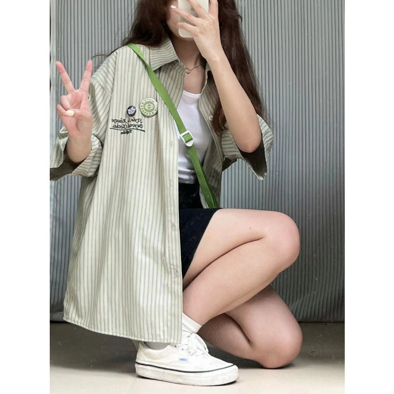 2023 summer new style vertical striped layered shirt mid-length short-sleeved Korean style ins top women's Hong Kong style shirt trend