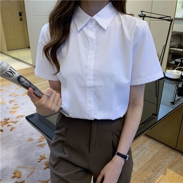 Short-sleeved white shirt women's summer workplace overalls 2022 professional formal wear opaque square collar temperament student shirt