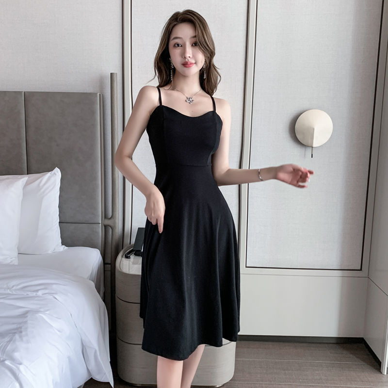 OUKABUYI Hepburn style high-end sexy suspender skirt female royal sister temperament waist slimming A-line dress summer