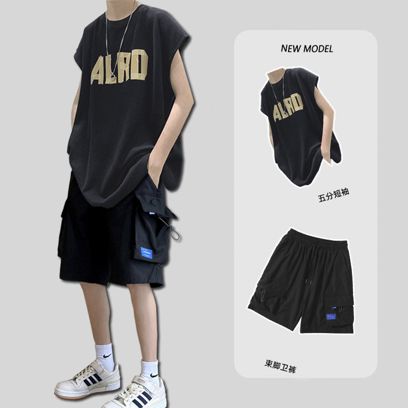 Summer vest suit men's Korean version of the trendy brand loose casual fashion sleeveless T-shirt Hong Kong style ins sports matching set