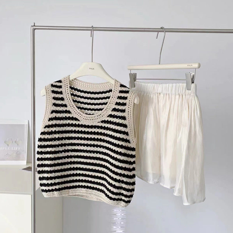American striped knitted camisole women's summer and summer outerwear design sense niche ice silk vest shoulder sleeveless top