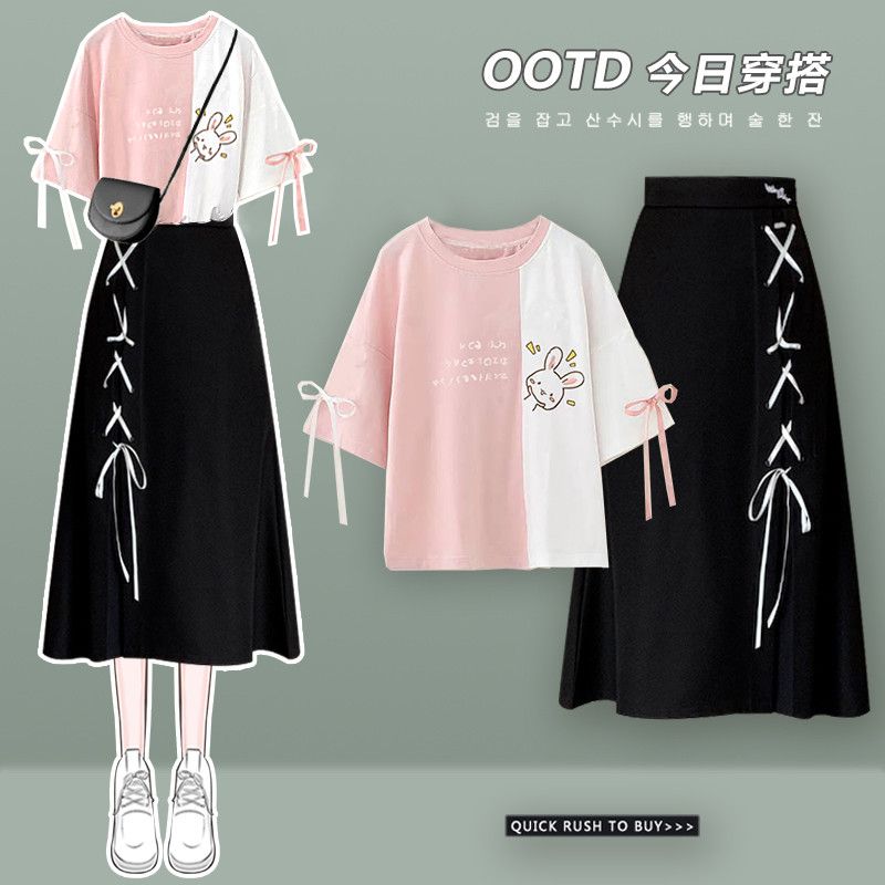 Single / suit  summer female student Korean loose Bunny embroidered short sleeved T-shirt + skirt two piece set fashion