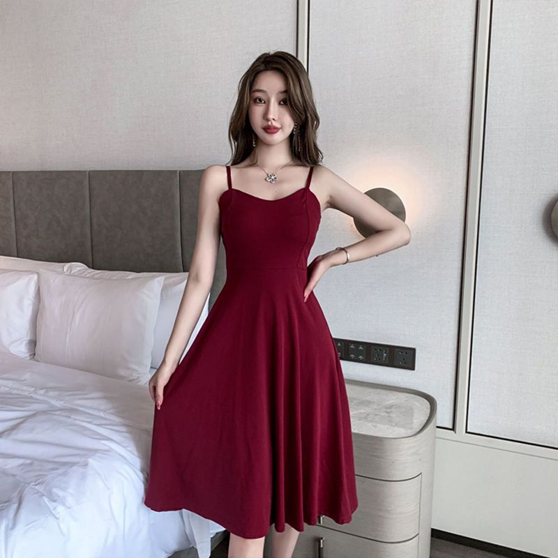 OUKABUYI Hepburn style high-end sexy suspender skirt female royal sister temperament waist slimming A-line dress summer