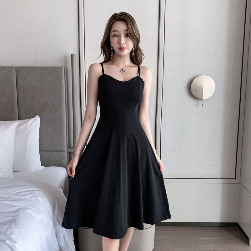 OUKABUYI Hepburn style high-end sexy suspender skirt female royal sister temperament waist slimming A-line dress summer