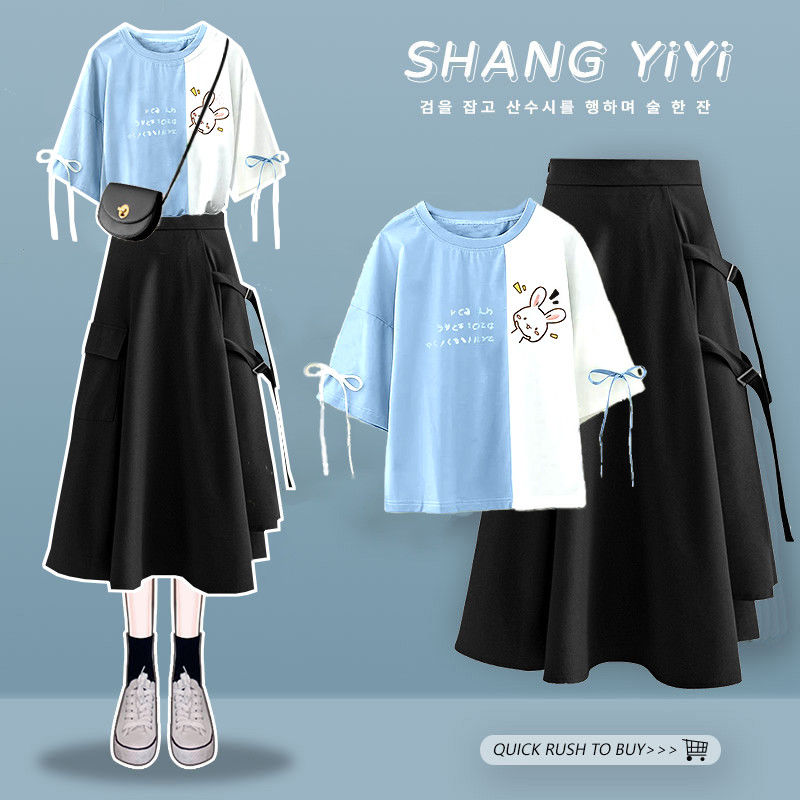 Single / suit  summer female student Korean loose Bunny embroidered short sleeved T-shirt + skirt two piece set fashion