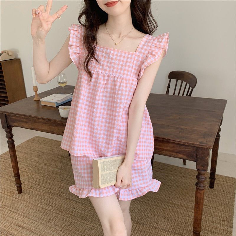  summer new fashion chic French style small fresh and sweet suspenders student pajamas home clothes set female tide