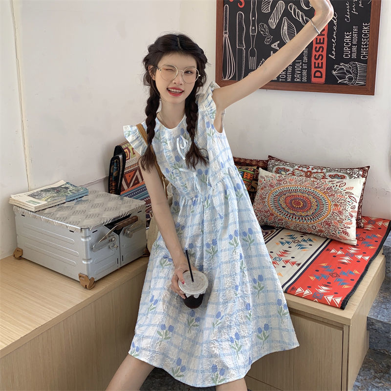 Blue tulip small flying sleeve dress female  summer new small fresh wood ear sleeveless doll skirt