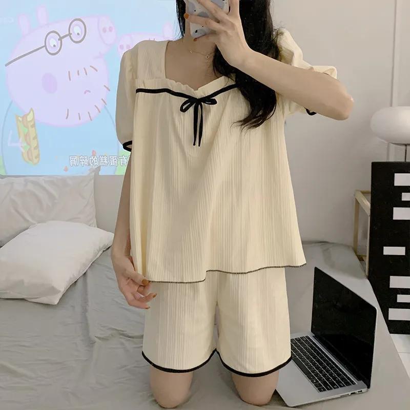 Net red pajamas ladies summer short-sleeved ins Korean version cute and sweet student bow home service thin suit
