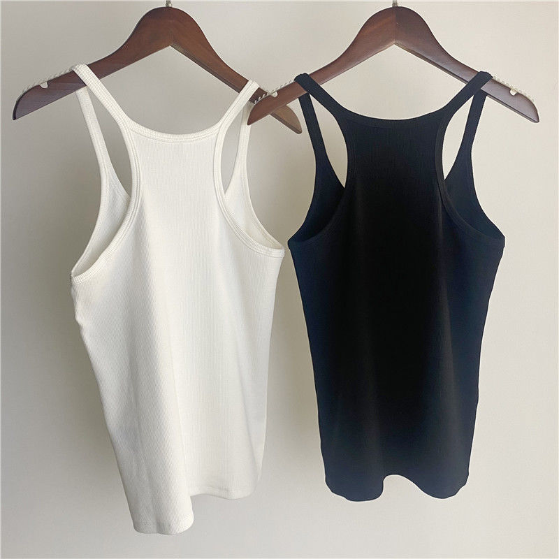 2022 summer new style low round neck white cotton thread vest suspender for women to wear inside and outside, slim elastic and can be worn outside