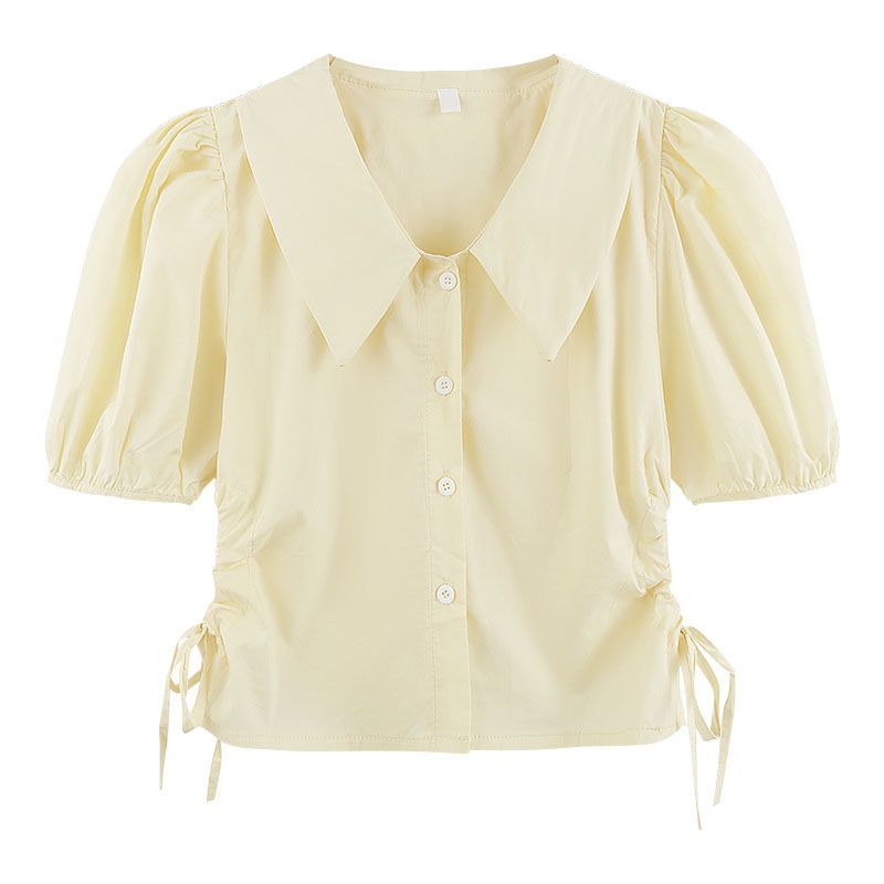 White high-end shirt women's design sense niche chic top summer new French temperament drawstring short section