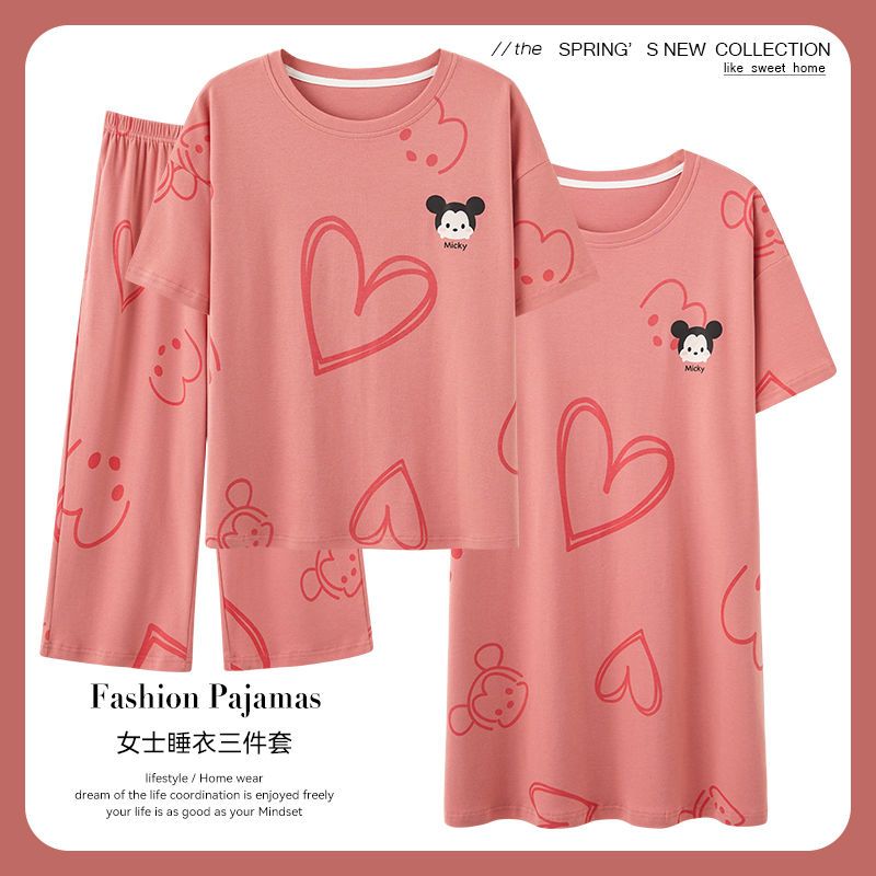 Pajamas women's summer pure cotton three-piece suit short-sleeved cropped pants nightdress 2022 new style can be worn outside home