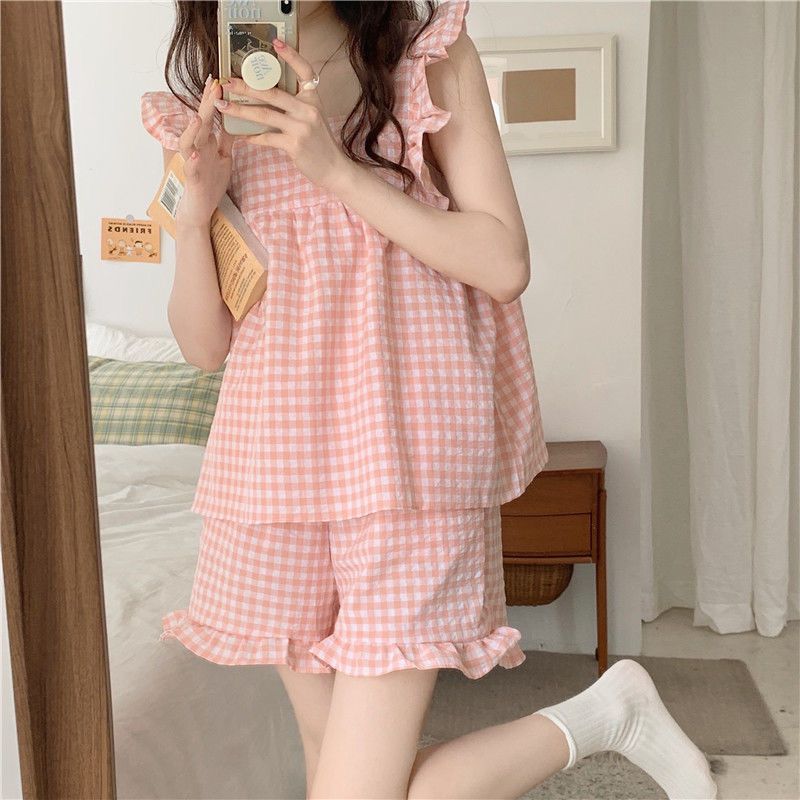 Small sweet pink plaid suspenders shorts suit home service summer two-piece student pajamas female summer