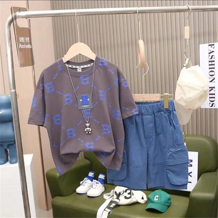 夏装男童时尚字母短袖T恤2023夏季新款儿童宽松 半袖韩版中裤套装