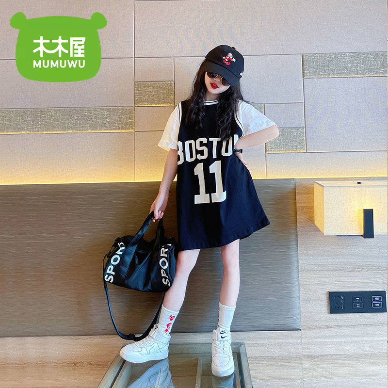 女童連衣裙新款兒童夏裝中長款洋氣T恤裙子短袖球服炸街潮