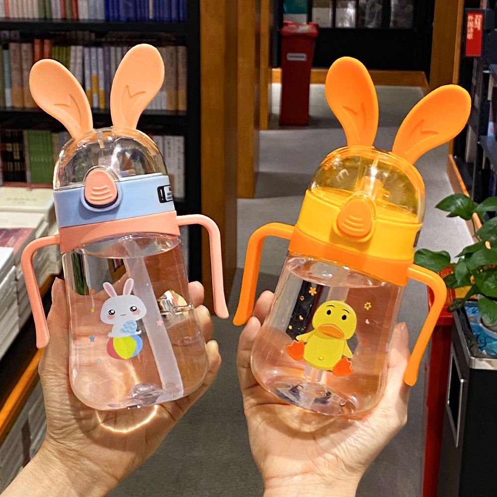 夏天儿童吸管水杯带手柄卡通兔子可爱杯子宝宝便携防摔塑料学饮杯