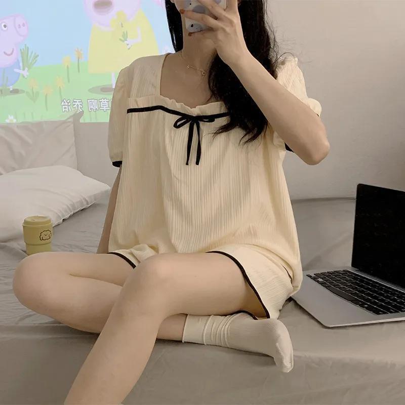 Net red pajamas ladies summer short-sleeved ins Korean version cute and sweet student bow home service thin suit