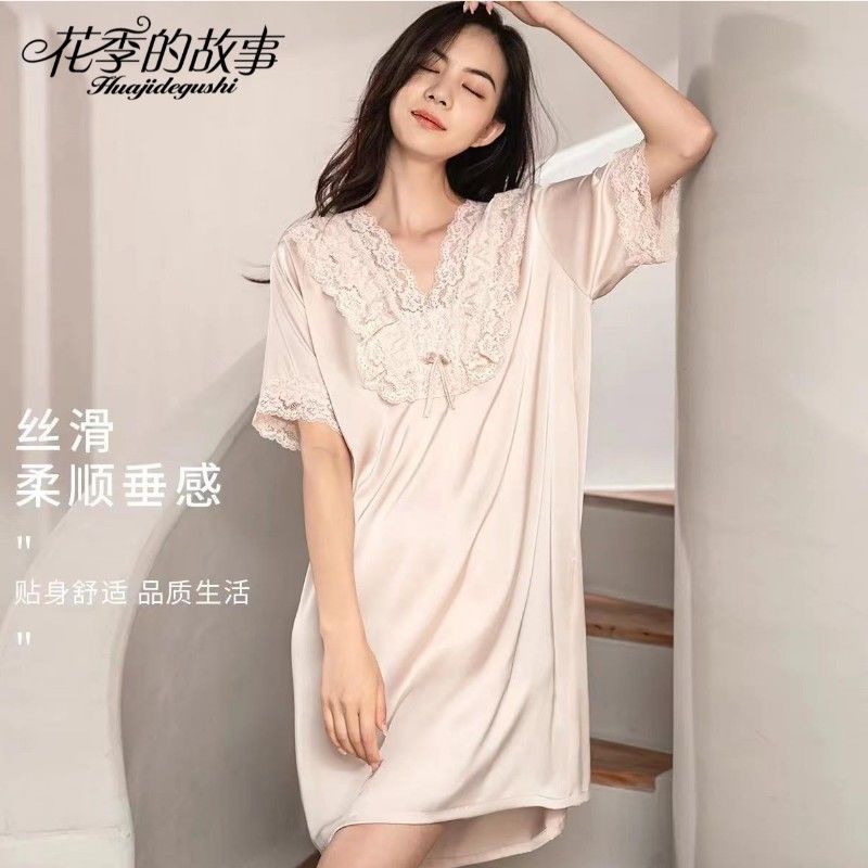 The story of the flower season 2022 new ice silk nightdress women summer high-end dress pajamas women can wear outside