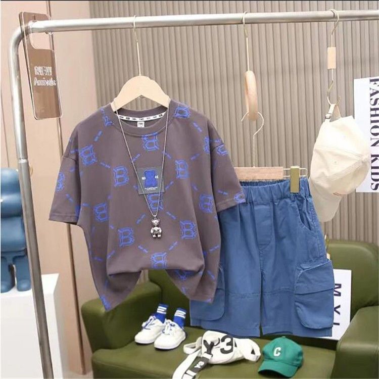 夏装男童时尚字母短袖T恤2023夏季新款儿童宽松 半袖韩版中裤套装