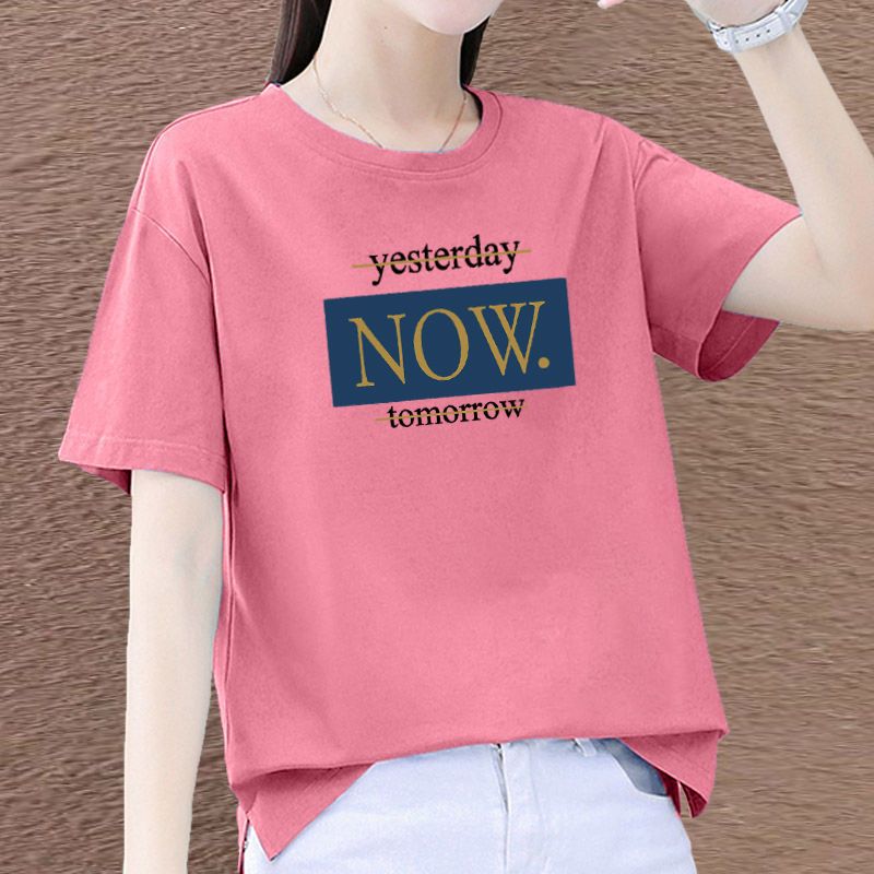 纯棉短袖t恤女夏装2022新款韩版夏季时尚圆领开叉半袖上衣女体恤