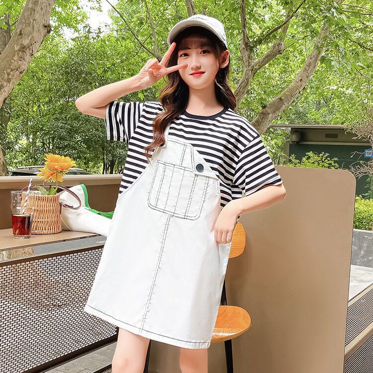 Girls' fake two-piece suspenders skirt children's middle-aged and older children's summer dress primary school students straight skirt girl striped summer