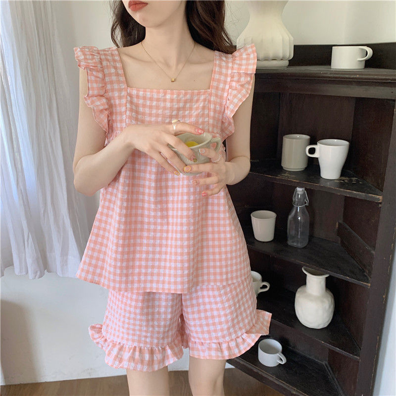  summer new fashion chic French style small fresh and sweet suspenders student pajamas home clothes set female tide