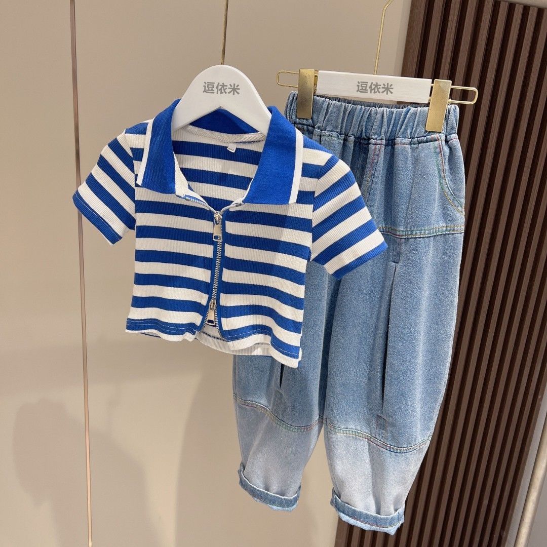 女童短袖套裝夏裝2022洋氣新款中大兒童夏季女孩薄款牛仔褲兩件套