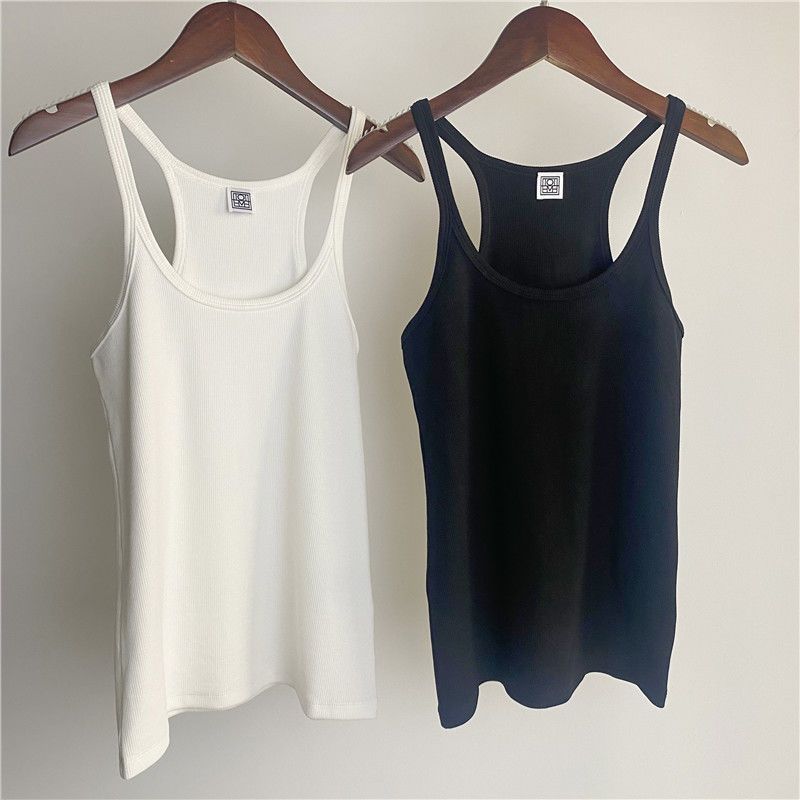 2022 summer new style low round neck white cotton thread vest suspender for women to wear inside and outside, slim elastic and can be worn outside