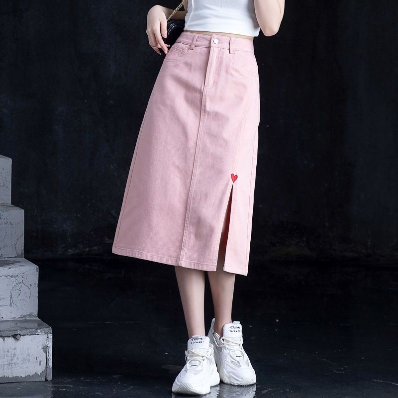 Hot Girl Pink Denim Skirt Female 2023A Word Slit Package Hip Skirt Summer Thin Section Love Embroidery Medium Length Section