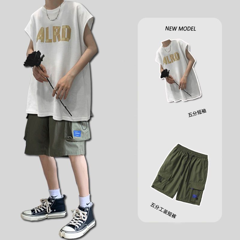 Summer vest suit men's Korean version of the trendy brand loose casual fashion sleeveless T-shirt Hong Kong style ins sports matching set