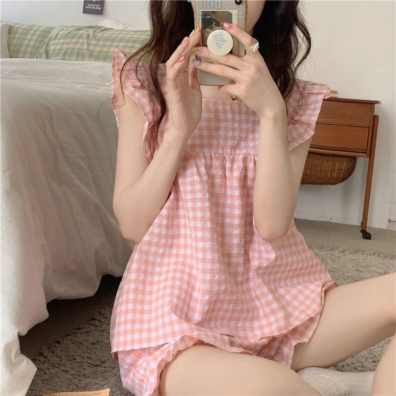 Small sweet pink plaid suspenders shorts suit home service summer two-piece student pajamas female summer