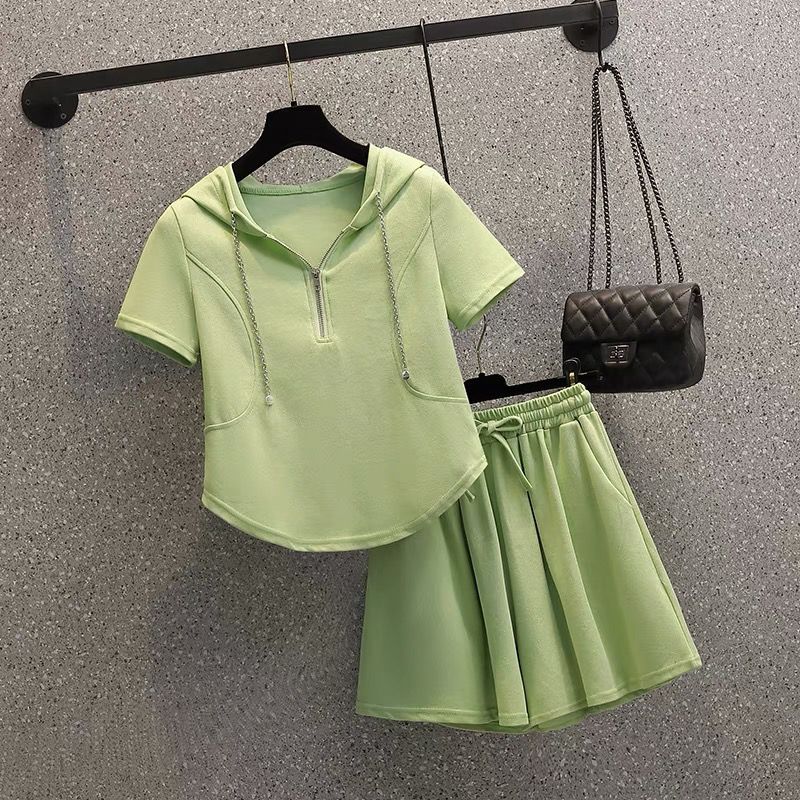 大碼女裝夏季女裝新款胖mm連帽上衣寬鬆休閒兩件套顯瘦運動套裝女