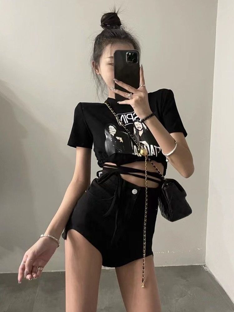 High waist short babes tops pure desire style girls be careful to wear sexy straps European and American high street t-shirt summer tide