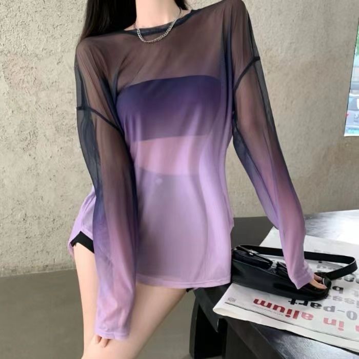 Hollow Leaky Back Strap Thin Section Ice Silk Gradient Loose Sunscreen T-Shirt Women's 2022 Summer New French Top