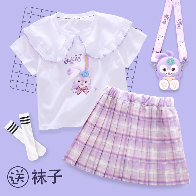Girls star Dailu jk uniform suit summer short-sleeved college wind big children's grid skirt primary school students two-piece suit